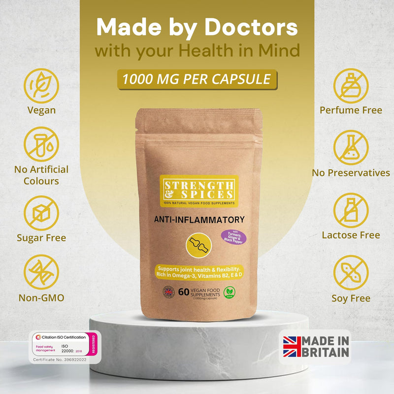Strength & Spices Anti-inflammatory, Muscle and Joint Care Supplements for Mobility and Recovery, Turmeric Capsules with 28 Powerful Ingredients, Vegan and All-Natural, 1000mg, 60 Capsules, Refill Paper Bag