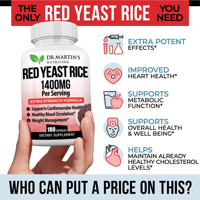 [Australia] - Red Yeast Rice Extract 1400mg 180 Count | Maintain Healthy Cholesterol Levels | Digestion & Weight Management For Healthy Heart, Supports Cardiovascular & Blood Circulation,Overall Health & Well Being 