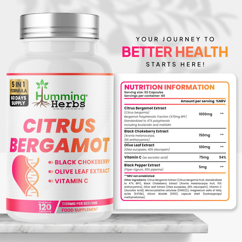 Humming Herbs Citrus Bergamot Complex 1121mg – 60 Day Supply (120 Vegan Capsules) with Olive Leaf, Black Chokeberry & Vitamin C