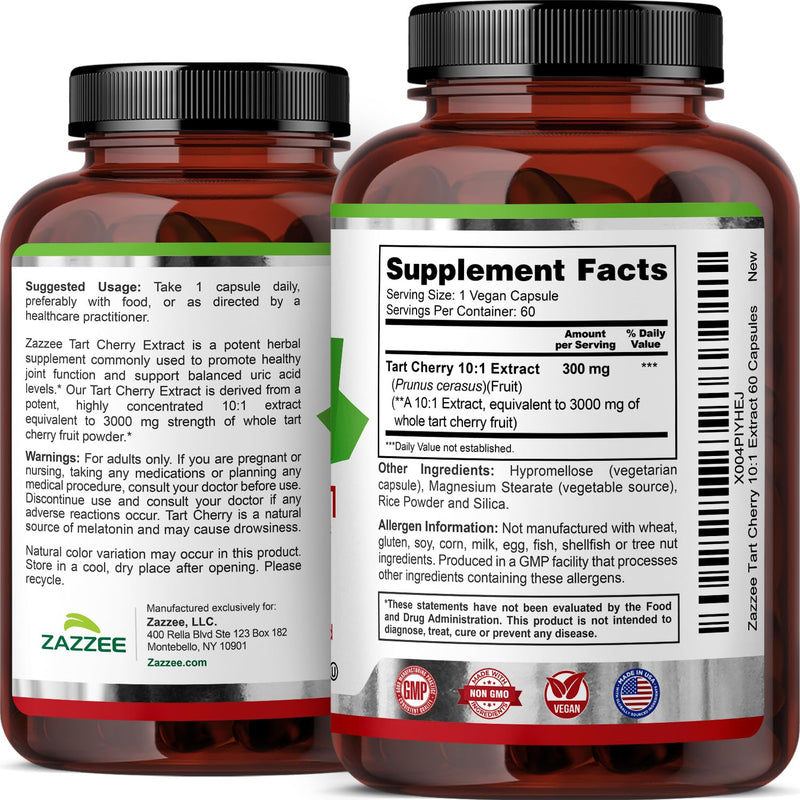 [Australia] - Zazzee Tart Cherry 10:1 Extract, 3000 mg Strength, 60 Vegan Capsules, 2 Month Supply, Certified Kosher, Concentrated and Standardized 10X Extract, 100% Vegetarian, All-Natural, Gluten Free, Non-GMO 60 Count 