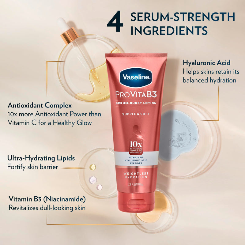 Vaseline Pro VitaB3 Skin Care Serum Burst for Healthy, Glowing Skin Luminous Glow & Supple & Soft 10x Antioxidant Power of Vitamin C with Vitamin B3, Hyaluronic Acid 7.5 fl oz 2Pk | Body moisturizer for dull-looking skin with Vitamins C, E, Niacinamide...