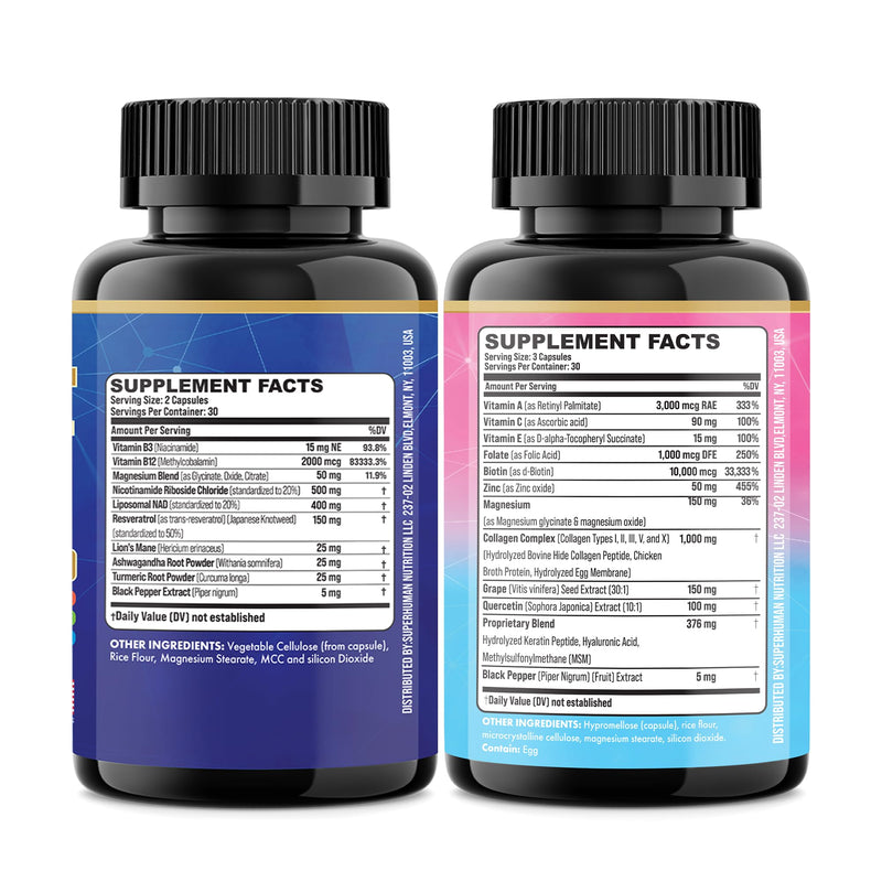 NAD+ & Collagen Anti-Aging Bundle, Resveratrol, Forever Young Set | Liposomal NAD, Nicotinamide Riboside, Magnesium, Resveratrol, Lion's Mane, Collagen I-X, Biotin & Keratin