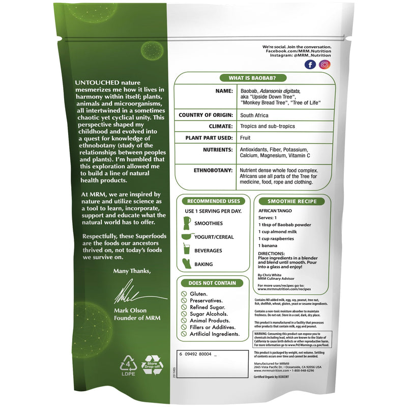 MRM Organic Baobab Powder - for Women & Men, Vegan - 40 Servings | USDA Organic Baobab Fruit Powder Superfood with Fiber, Antioxidants & Vitamin C for Smoothies, Juices & Daily Nutrition 8.5 Ounce (Pack of 1)