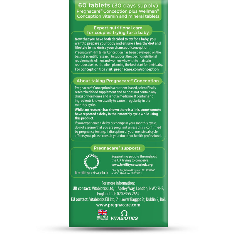 Pregnacare Conception Support for Couples - Pregnancy Vitamins - UK's No.1 Pregnancy Brand. Greater Prenatal Care for Women, Supplement with Added Omega-3 DHA for Normal Brain and Eye Development Unflavoured 60 count (Pack of 1)