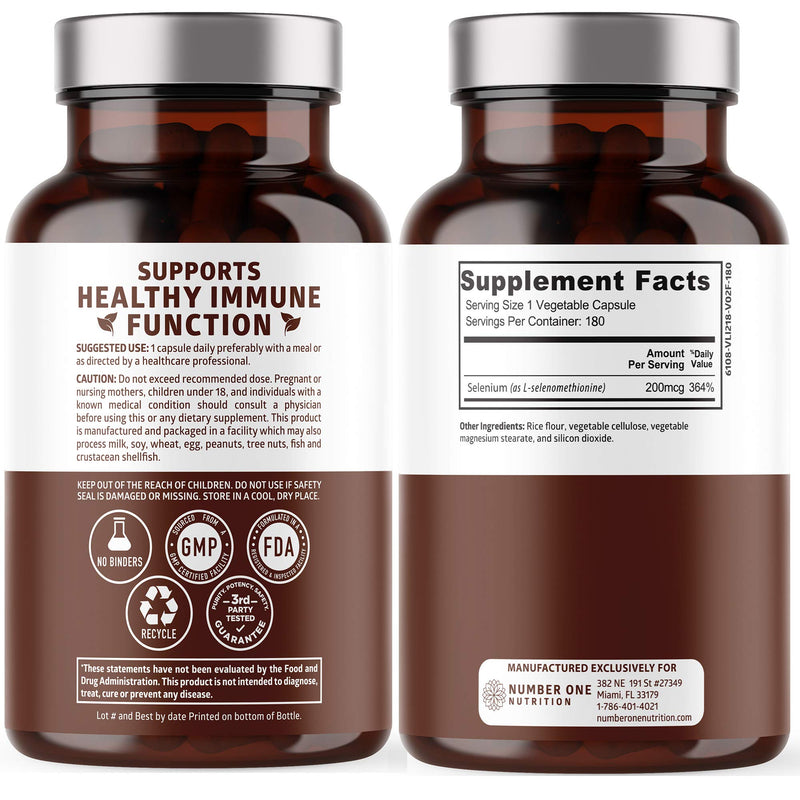 [Australia] - N1N Premium Pure Selenium [200MCG, Max Absorption] Essential Trace Mineral to Support Immunity, Heart, Thyroid and Prostate Health, 180 Veg Caps 