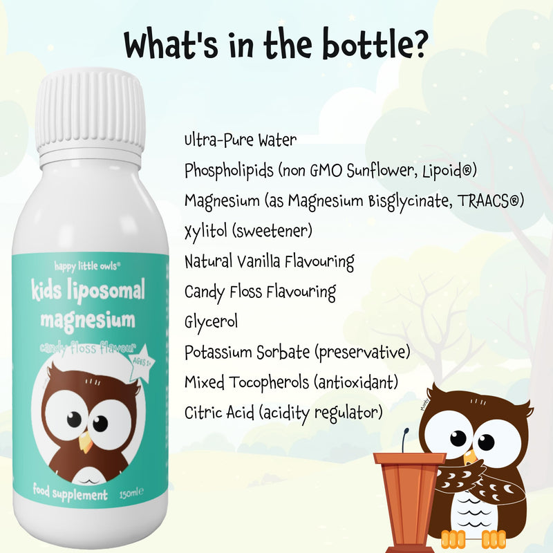 Kids Magnesium Candy Floss Liquid 150ml – Liposomal Supplement for Kids, Toddlers 1yr+, Magnesium for Sleep & Relaxation Support, 30 Servings, Vegan Gluten Free | Happy Little Owls