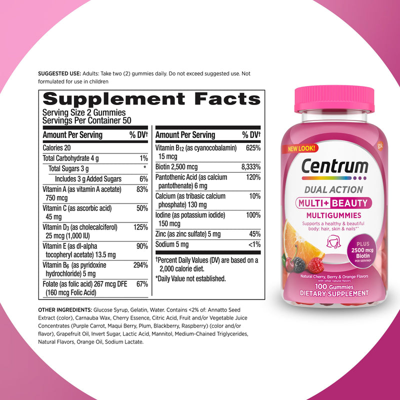 Centrum Multivitamin Gummy, 100 Count (Pack of 1) | Beauty Dual Action Multivitamin, Specially Designed with Biotin for Healthy Hair, Skin and Nails, GLP-1 Support 100 Count (Pack of 1)