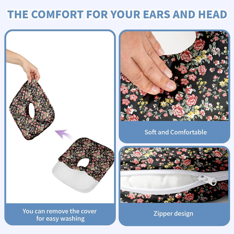 [Australia] - Ear Piercing Pillow with Ear Hole for Side Sleeper Relief Ear Pain,Cotton and Polyester Ear Pillows,Washable Ear Guard Pillow Black Flower One Size 