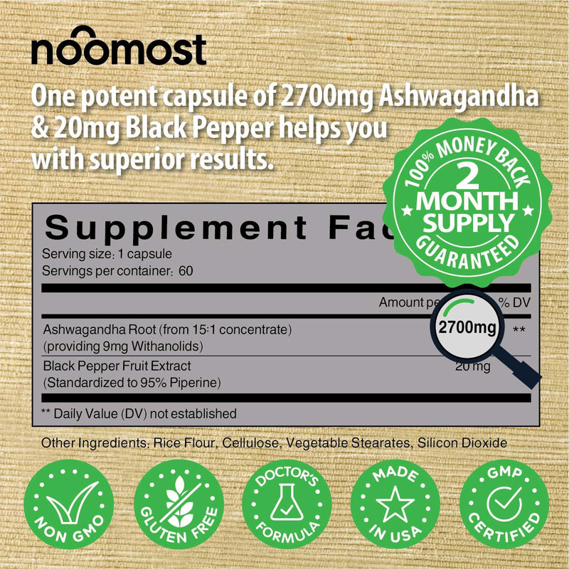 [Australia] - Organic Ashwagandha Capsules 2700mg w/Black Pepper Extract 20mg as Vegan Ashwagandha Supplements for Anti Stress Relief, Natural Mood Support, Energy & Focus, 2 Months Box 