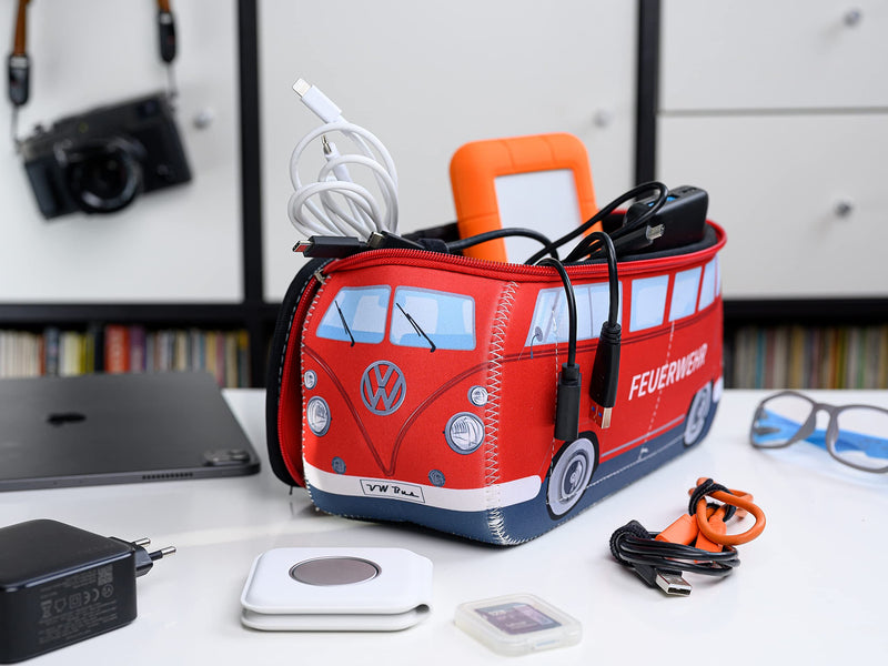 BRISA VW Collection - T1 Bus Camper Toiletry Bag Cosmetic Case | Volkswagen Toiletry Bag Cosmetic Case, Water-Repellent, Hanging Hook, 4 Mesh Pockets, Travel, Neoprene, Fire Engine/Red Large Large (11.8 X 5.5 X 4.7 Inches)