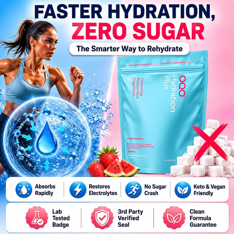 OQO® Hydration Electrolytes Sachets | Hydration Powder Packed with Vitamins B6 & B12, Sodium, Potassium, Magnesium & BCAAs - Zero Sugar Hydration Sachets | 25x Electrolyte Sachets | Strawberry 25pk (Strawberry Watermelon)