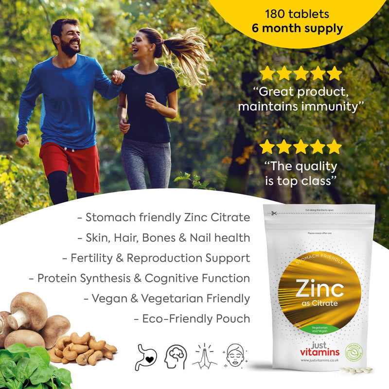 Zinc Citrate 10mg | 100% NRV of Zinc per Tablet | Healthy Bones, Skin, Eyes, Hair & Nails | Cognitive Function & Immune System Support | 180 Vegan Tablets | UK Made - Just Vitamins 1 count (Pack of 180)