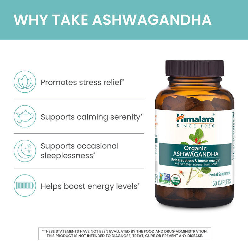 [Australia] - Himalaya Organic Ashwagandha, 90 Day Supply, Herbal Supplement for Stress Relief, Energy Support, Occasional Sleeplessness, USDA Certified Organic, Non-GMO, Vegan, Gluten Free, 670 mg, 90 Caplets 