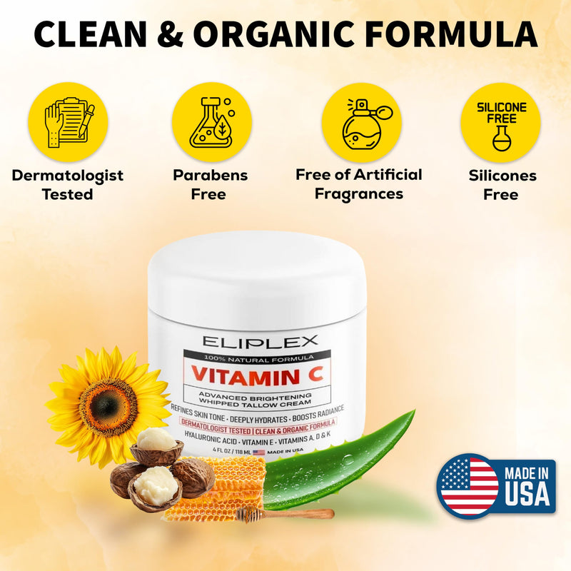 Whipped Tallow Cream – Vitamin C + Hyaluronic Acid | Grass-Fed Tallow, Deep Hydration & Glow | Regenerative Face & Body Balm | 4 oz.