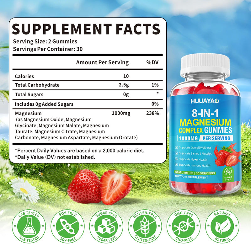 Magnesium Complex Gummies for Women Men 8 in 1, Magnesium Glycinate, Citrate, Malate, Taurate, Supports Bones, Muscle, Nerve Health, Sugar-Free, Vegan Non-GMO, Strawberry Flavor, 60 Count 60 Count (Pack of 1)