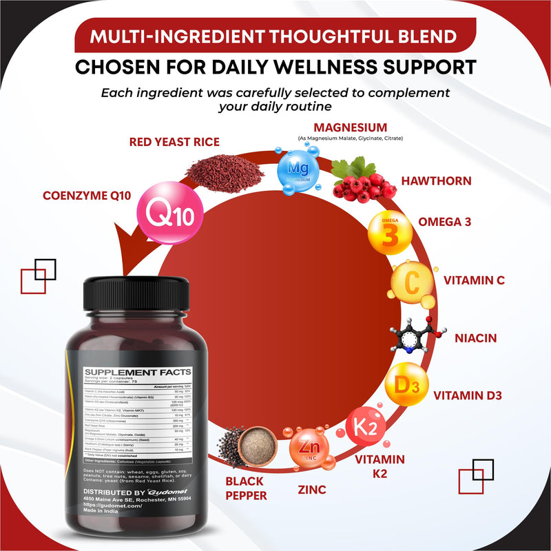 Coenzyme Q10 (Ubiquinone) Red Yeast Rice Hawthorn Omega 3 Vitamin C Niacin Zinc Vitamin K2-150 Capsules 150 count (pack of 1)
