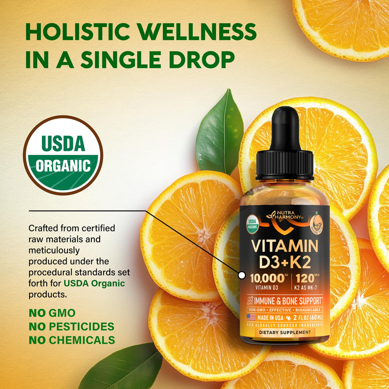 Vitamin D3 K2 USDA Organic Drops - Vitamin D3 10000 IU & K2 120mcg - 2 OZ | Immune & Mood Support, Bone & Teeth Health - Sugar-Free, Orange Flavor - Liquid Supplement for Men & Women - 60-Day Supply 2 Fl Oz (Pack of 1)