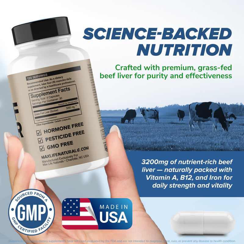 MaxLife Naturals Grass Fed Beef Liver Capsules 3200mg 120 Count | Supports Daily Wellness, Rich Vitamin A B12, Natural Iron Source, Desiccated Organ Nutrition, Non-GMO Supplement