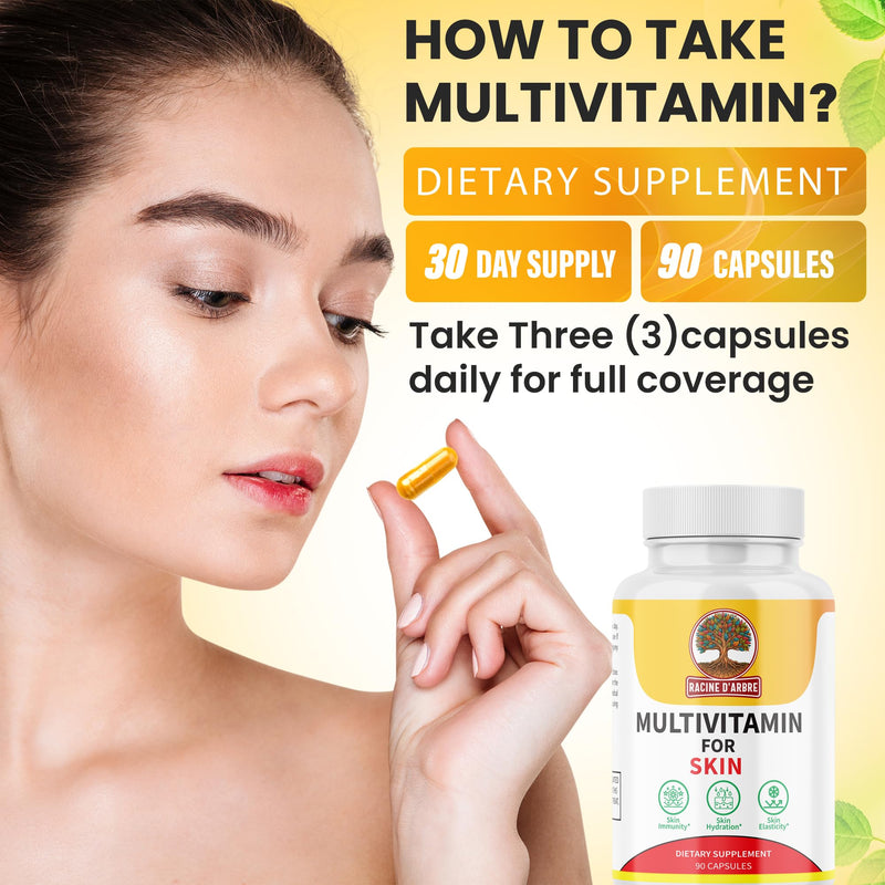 Racine D’ARBRE Multivitamin Skin Supplement – Hyaluronic Acid, Vitamin C, Selenium, Biotin, Zinc & Proline – Collagen, Hydration & Beauty Support – 90 Capsules