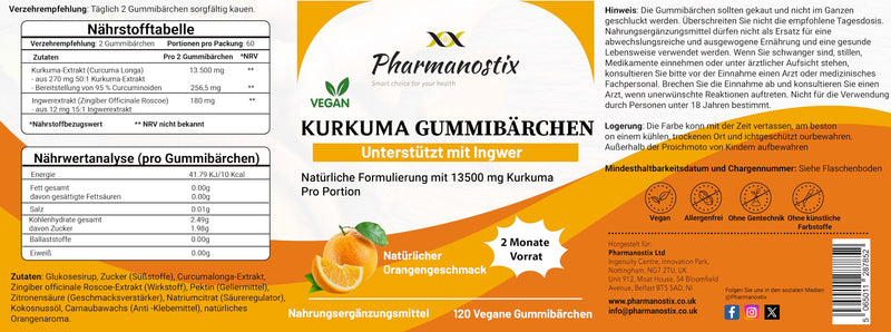 Pharmanostix Turmeric Curcumin with Ginger Vegan Gummies - Natural Orange Flavour - Delicious Daily High Strength Gummy for Adults - 13500MG Turmeric Gummies Per Daily Serving (120 Gummies) 120 count (Pack of 1)