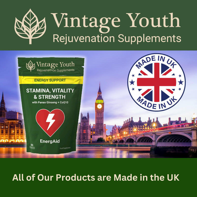 EnergAid Energy & Stamina Supplement | Natural Caffeine-Free Pre-Workout with Korean Ginseng, CoQ10, Rhodiola & B Vitamins | Reduces Fatigue, Supports Focus & Metabolism | Vegan | Made in UK