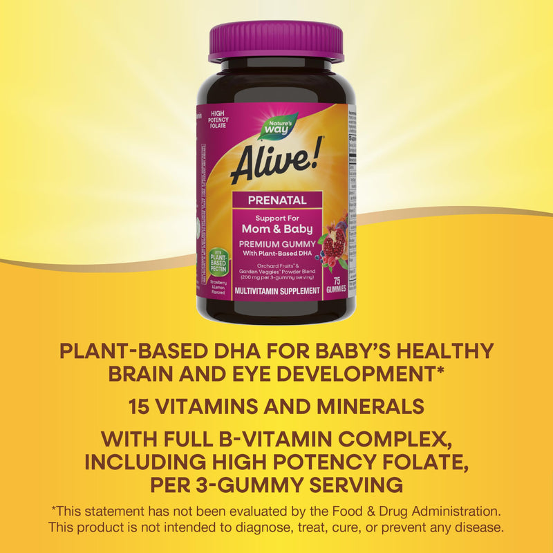 Nature's Way Alive! Prenatal Gummy Multivitamin, Folate & DHA, 75 ct | High Potency Folate & Plant-Based DHA to Support Healthy Fetal Development* for Women Who Are Pregnant