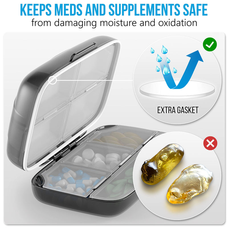 [Australia] - Airtight Pill Organizer Box Large Pill Dispenser Home Travel Essentials Supplement Holder Portable Vitamin Sorter Jumbo Size 8 Compartment Container Daily Medicine Black 