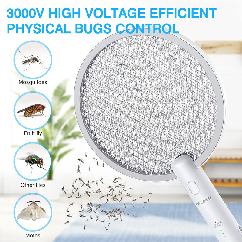 [Australia] - PALONE Electric Fly Swatter 3000V Bug Zapper Racket 2 in 1 Fly Swatter with 1200mAh Battery Rechargeable Mosquito Killer Lamp with 3 Layers Safety Mesh for Indoor and Outdoor 1 Pack White 