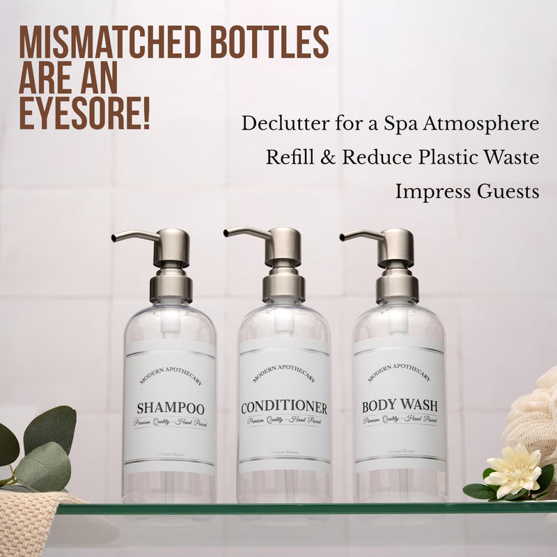 Clear Refillable Shampoo and Conditioner Bottles - Body Wash, Shampoo and Conditioner Dispenser - PET Plastic Shampoo Bottles Refillable with Pump - Waterproof Labels - 16 oz, 3 Pack (Stainless Steel) Stainless Steel Pumps