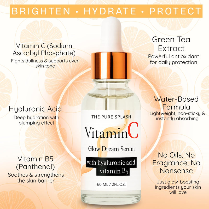 Vitamin C Face Serum 10% – with Hyaluronic Acid & Vitamin B5 – Glow Serum for Face – Lightweight, Non-Greasy, Fragrance-Free – 60ml