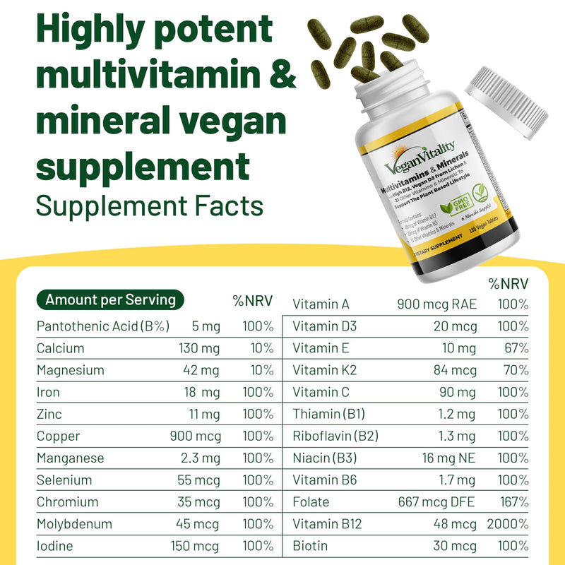 Vegan Vitality Multivitamins & Minerals for Women and Men with High Strength Vitamin B12, D3 & K2. 180 Vegan Multivitamin Tablets - 6 Months Supply. Vitamins for Vegans. Women Multivitamin 1 Count (Pack of 180)