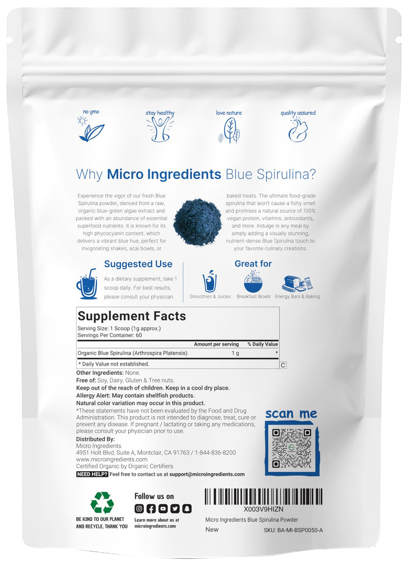[Australia] - Organic Blue Spirulina Powder (Phycocyanin Extract), 60 Servings - No Fishy Smell, 100% Vegan Protein from Blue-Green Algae, Natural Luminous Food Coloring for Smoothies, Baking, Drinks & Cooking 