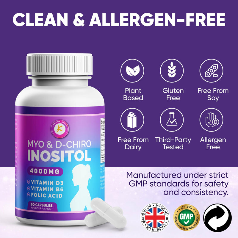 Inositol Myo & D Chiro - 4000mg, Folic Acid, Vitamin D3, Vitamin B6, Women's Daily Wellness Support, Vegan & Gluten-Free, 60 Capsules