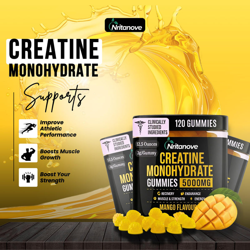 Sugar-Free Creatine Monohydrate 5000mg Gummies, 120 Count, Mango Flavour, High-Strength Creatine Gummy Supplement for Workout & Gym Support for Men & Women
