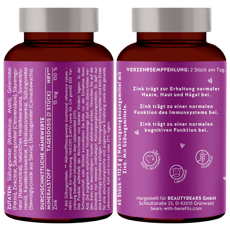 [Australia] - Zinc gummy bears - for skin, hair and immune system - with 15 mg zinc citrate per daily dose - 45 pieces - vegan - sugar-free - Bears with Benefits 