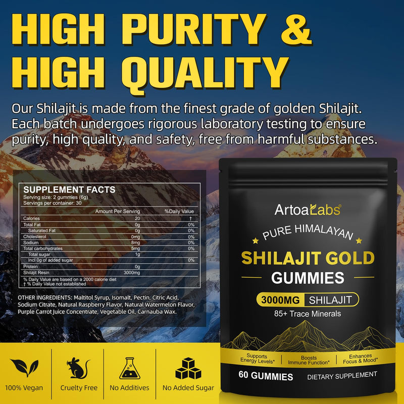 Shilajit Gummies, Enhanced Strength Gummies, Overall Wellness and Energy Levels - Naturally Vegan | 60 pcs