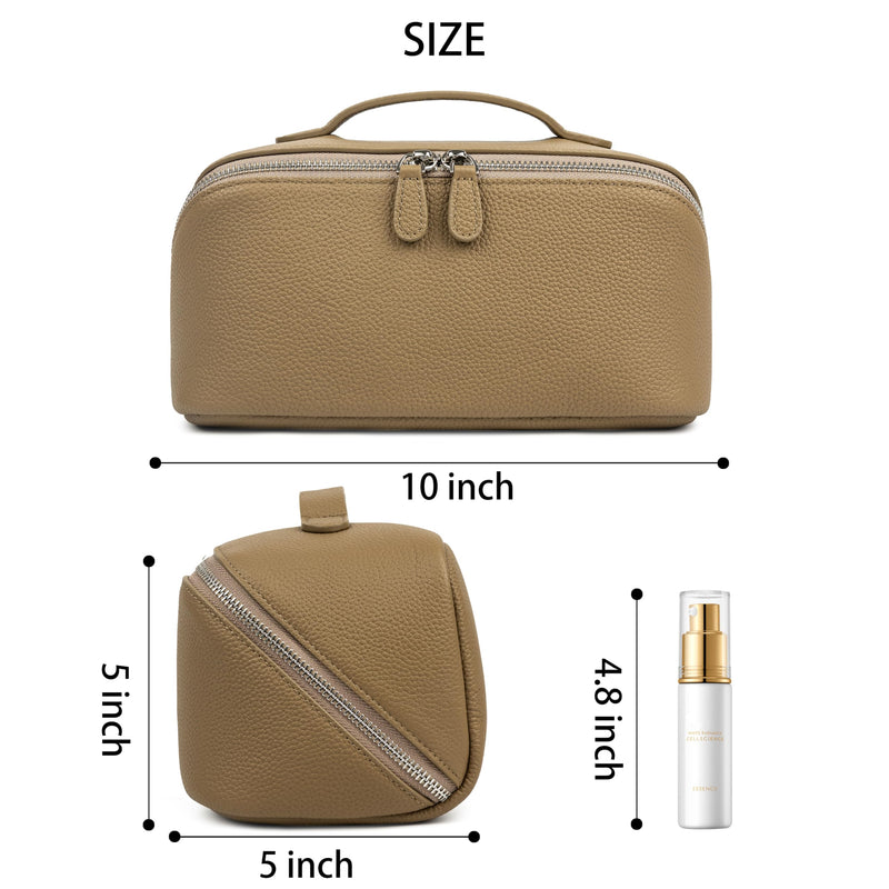 DORIS&JACKY Premium Leather Cosmetic Bag, Large Capacity Travel Makeup Case and Multi PocketsToiletry Storage Organizer with Divider and Tote Handle (3-Light Grey) 3-Light Grey
