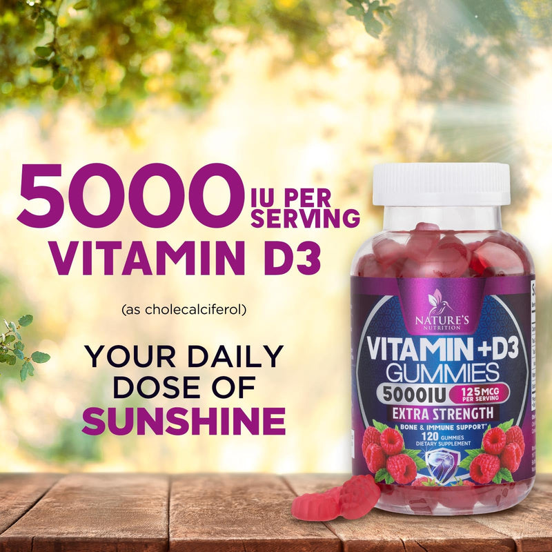 Vitamin D Supplement Gummy - Vitamin D3 125 mcg 5000 IU Per Serving - Bone, Teeth, Muscle and Immune Health Support for Men & Women, Premium VIT D3 Nature's & Gluten Free - 120 Gummies 120 Count (Pack of 1)