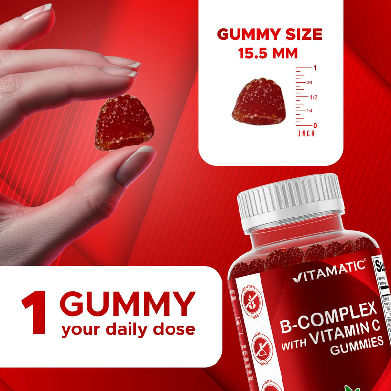 Vitamatic Vitamin B Complex Gummies with Vitamin C & Inositol - Natural Strawberry Flavor - 60 Gummies