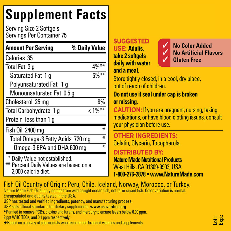 Nature Made Fish Oil Omega 3 Supplements, 1200 mg Softgels, 150 Softgels | Omega 3 Fish Oil for Healthy Heart Support, Gluten Free, Dairy Free, 75 Day Supply