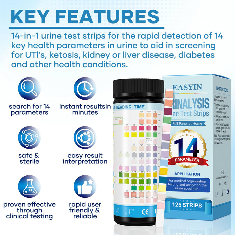 [Australia] - Urine Test Strips for Urinalysis 14 Parameter: 125 CT UTI Urinalysis Test Strips Full Panel for UTI Ketone Protein Kidney & Liver Function at Home 