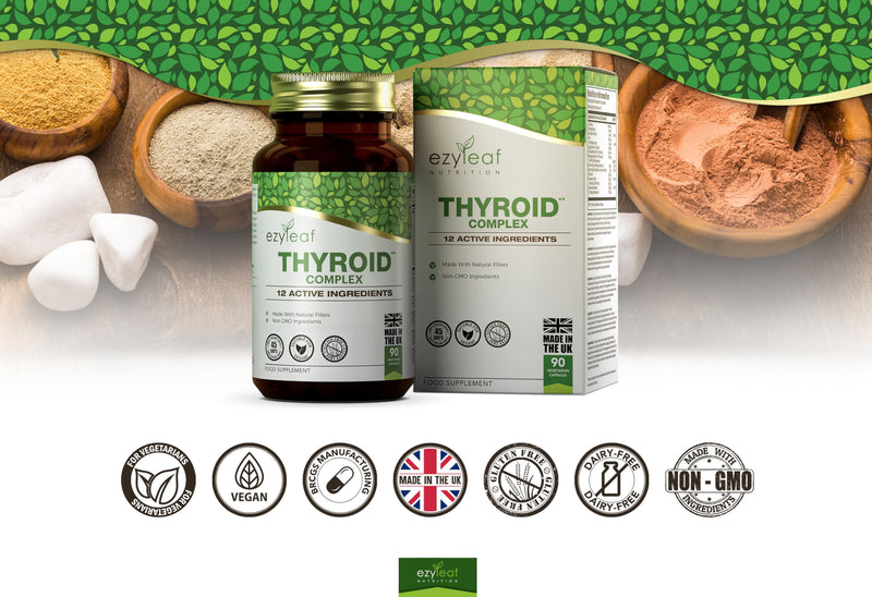 Ezyleaf Thyroid Complex | L Tyrosine Thyroid Support Supplement with Ashwagandha, Iodine, Zinc, Kelp, Sea Moss, Potassium Iodide, Guggul Extract & Selenium | 90 L-Tyrosine Capsules | UK ISO Certified