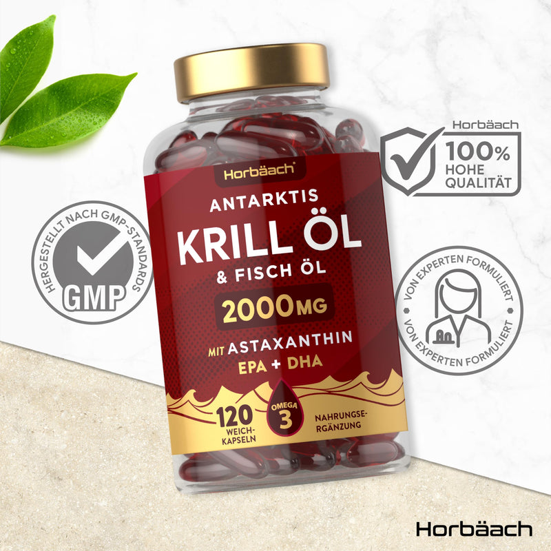 [Australia] - Krill oil capsules high dose 2000mg | Omega 3-340mg EPA/DHA with 600 mcg Astaxanthin | Antarctic krill | Alternative to cod liver oil | 120 pieces | from Horbaach 
