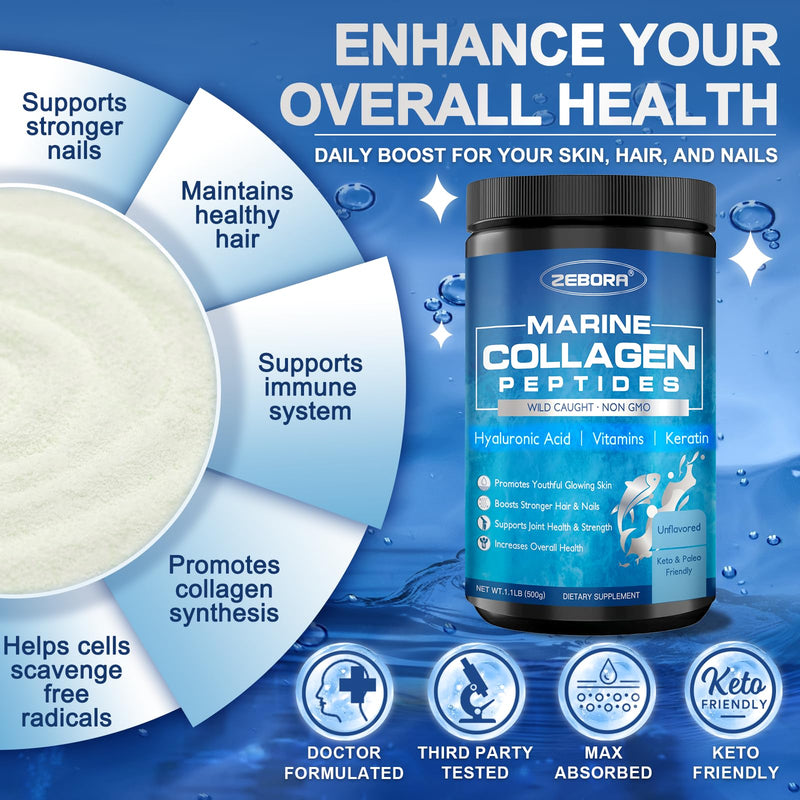 ZEBORA Marine Collagen Peptides Powder for Women, 50 Servings | Wild Caught Hydrolyzed Fish Collagen with Hyaluronic Acid, Keratin, Multivitamins for Skin, Hair, Nails, Keto-Friendly 1.1 Pound (Pack of 1)