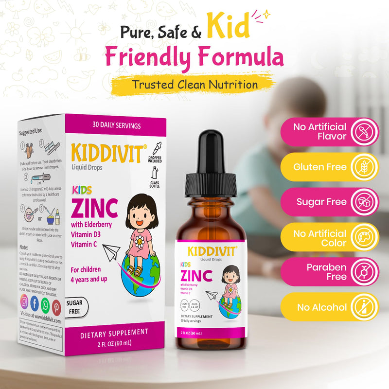 Zinc Kids Liquid Drops with Elderberry, Vitamin D3 & C – 30 Daily Servings, 2 FL OZ (60 mL) – Immune Support for Children – Sugar Free, Gluten Free, Vegetarian