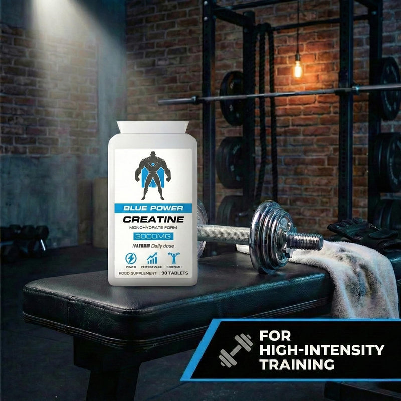 BLUE POWER Creatine Monohydrate Tablets 3000mg (3g) - 90 Tablets (30 Day Supply) - Small Scored Tablets, Titanium-Free Coating, Food Supplement