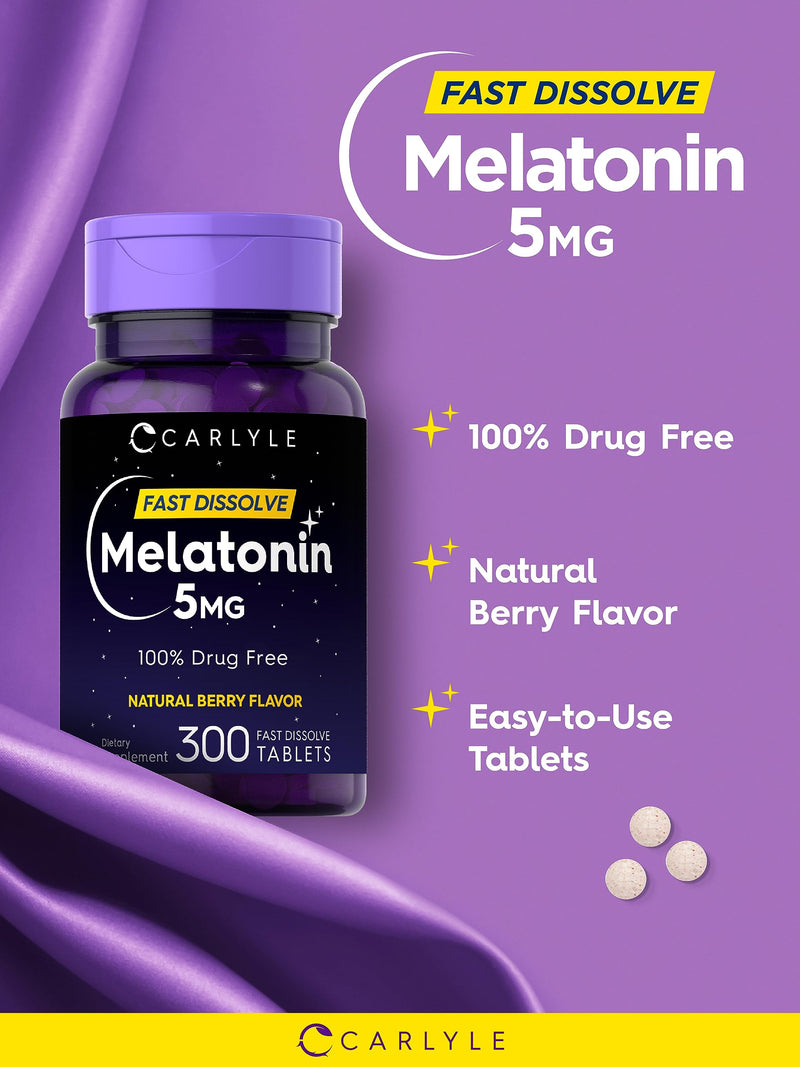 Carlyle Melatonin 5 mg Fast Dissolve 300 tablets | Berry Flavor | Vegetarian, Non-GMO Supplement