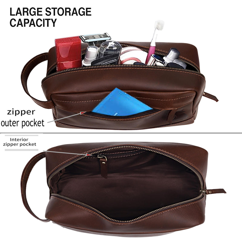 Leather Farm Premium Buffalo Leather Toiletry Bag for Men & Women - Dopp Kit With Water Resistant Lining, Shaving Pouch, Unisex Wash Bag For Toiletries, Gifts For Men and Women - Dark Brown