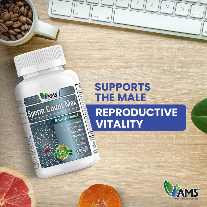 America Medic & Science Sperm Count Max (60 Capsules) | Male Fertility Supplement | Enhances Sperm Count and Reproductive Health | Prenatal Vitamins for Men | with Zinc, CoQ10, Vitamin C, B2, and B12 60 Count (Pack of 1)