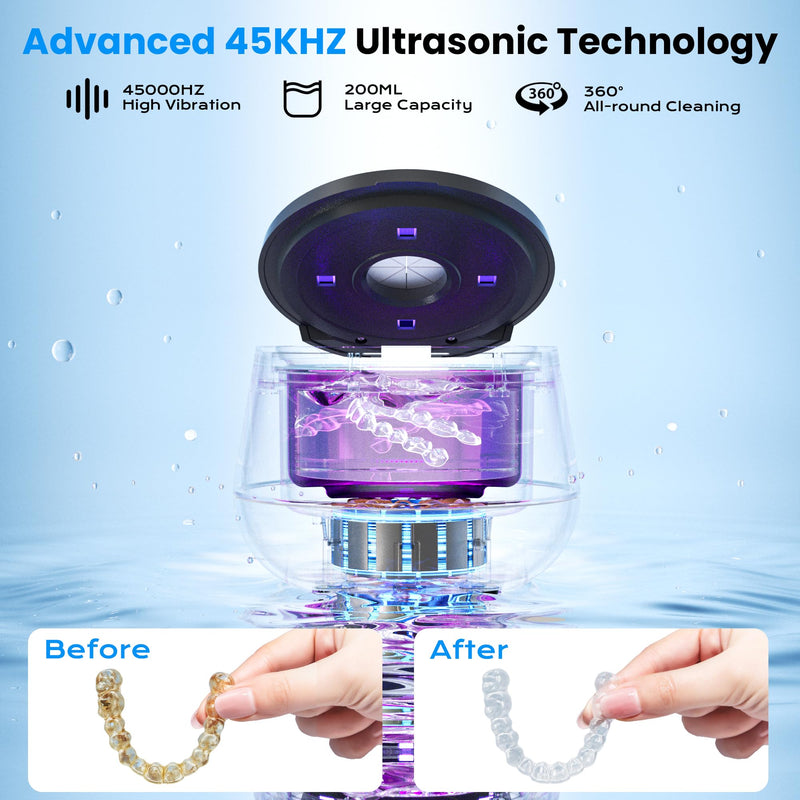 [Australia] - 45kHz Ultrasonic Retainer Cleaner, 200ML Dental Cleaning Pod for Dentures, Mouth Guards, Braces, Aligner, Toothbrush Jewelry and More, UV Denture Cleaner with 4 Modes & Digital Timer Black 